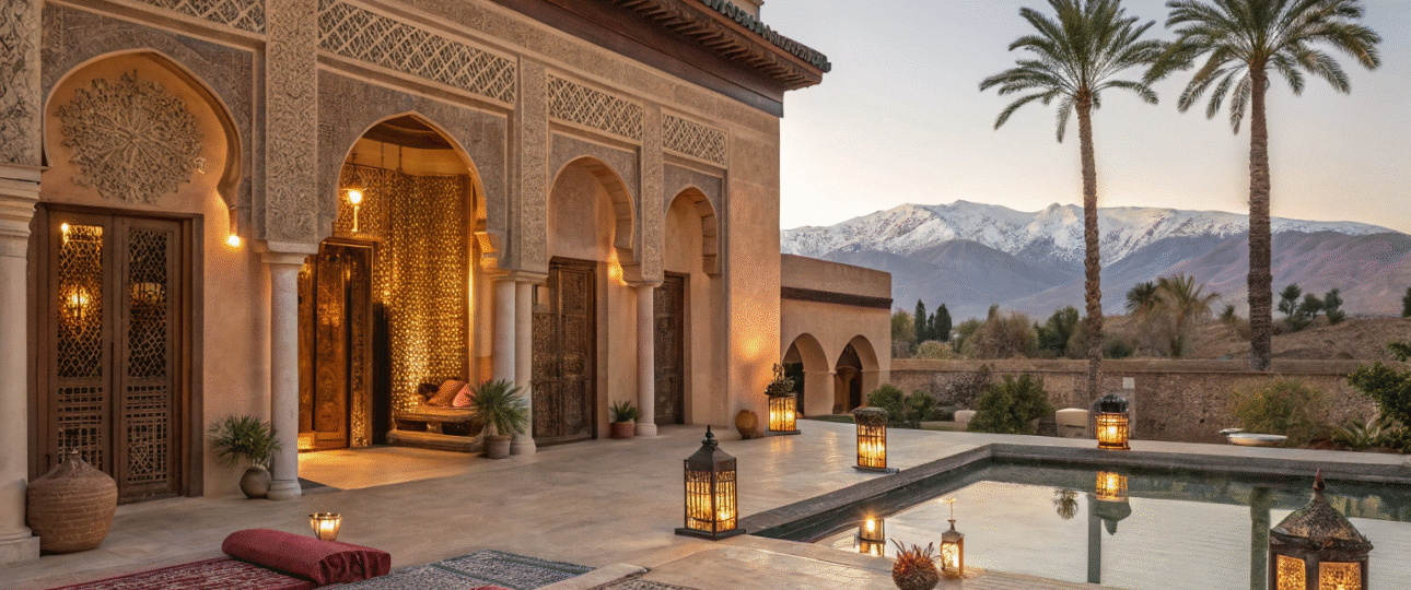 Luxury wellness retreats marrakech terrace with Atlas Mountain views, yoga mats, and traditional Moroccan architecture