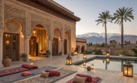 Luxury wellness retreats marrakech terrace with Atlas Mountain views, yoga mats, and traditional Moroccan architecture