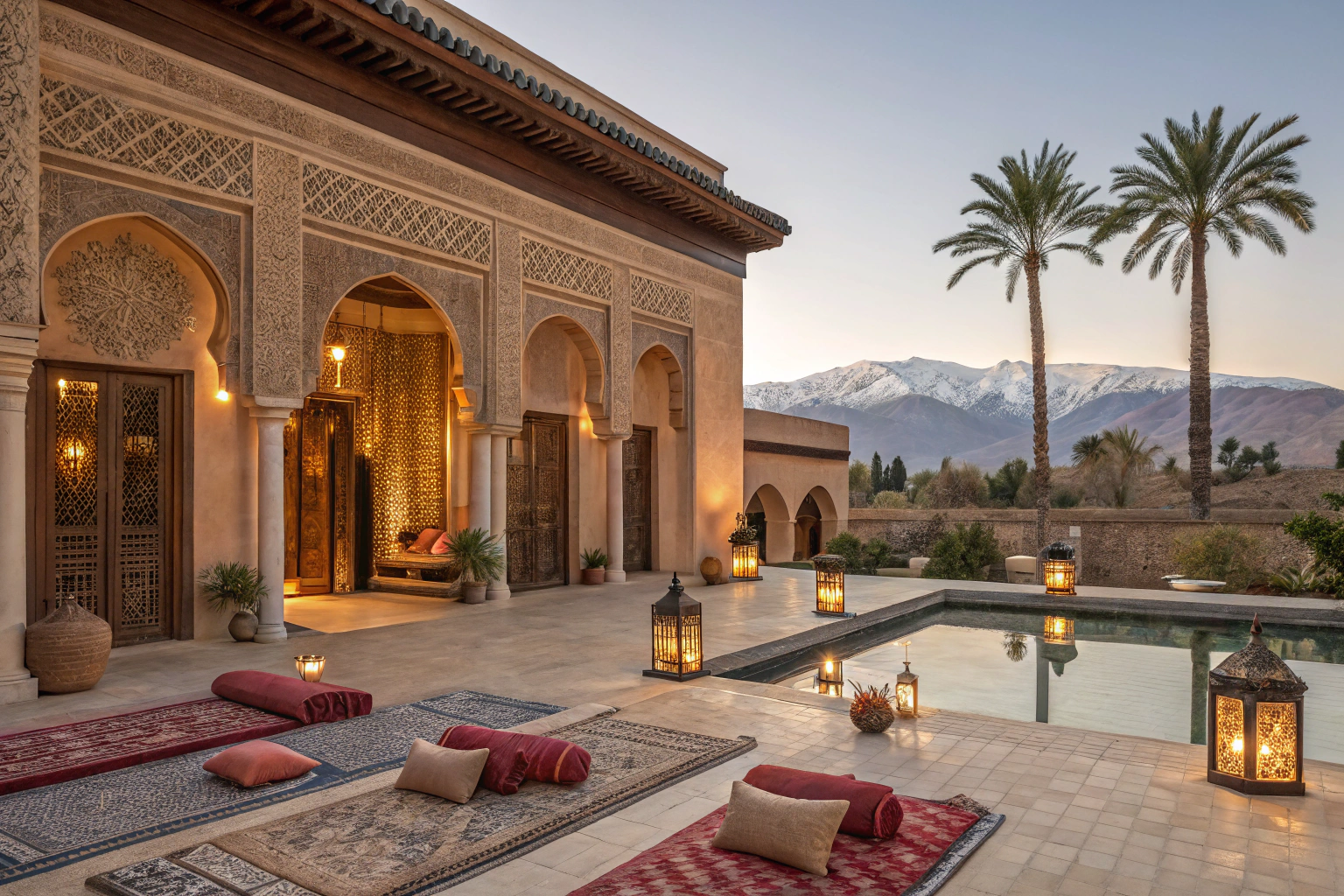 Luxury wellness retreat terrace in Marrakech with Atlas Mountain views, yoga mats, and traditional Moroccan architecture