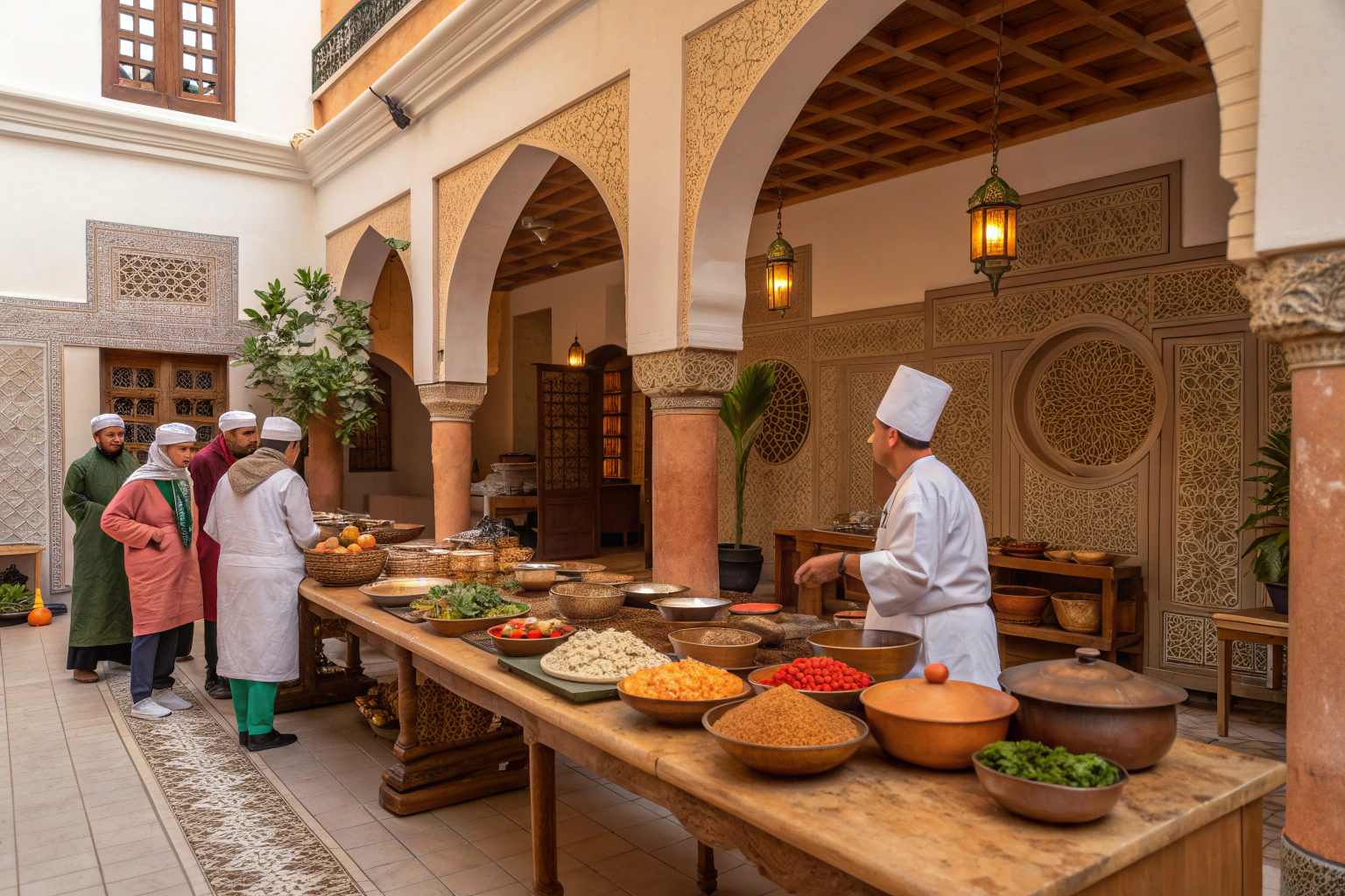 Marrakech cooking class experience in traditional riad courtyard with authentic Moroccan dishes