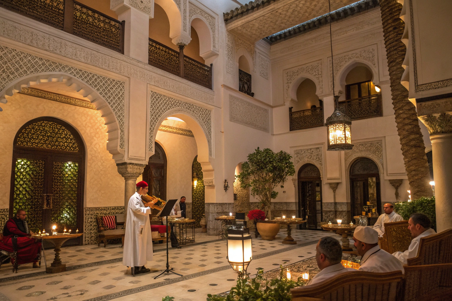 Marrakech cultural performances featuring Andalusian musicians in traditional riad setting with authentic architecture