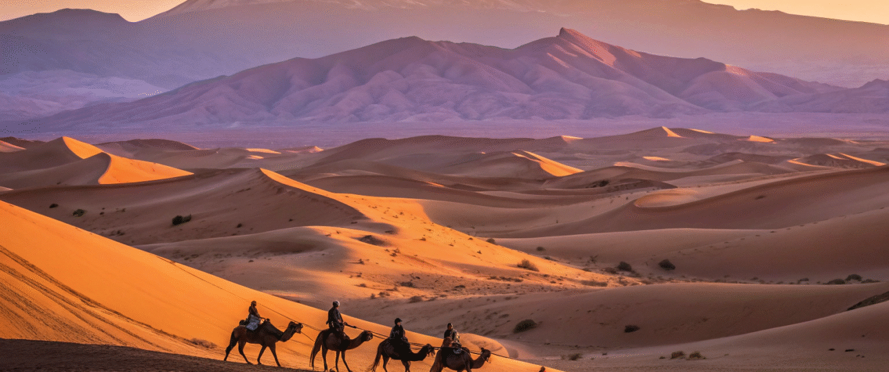 Marrakech tours camel caravan crossing golden Sahara dunes at sunset with Atlas Mountains backdrop