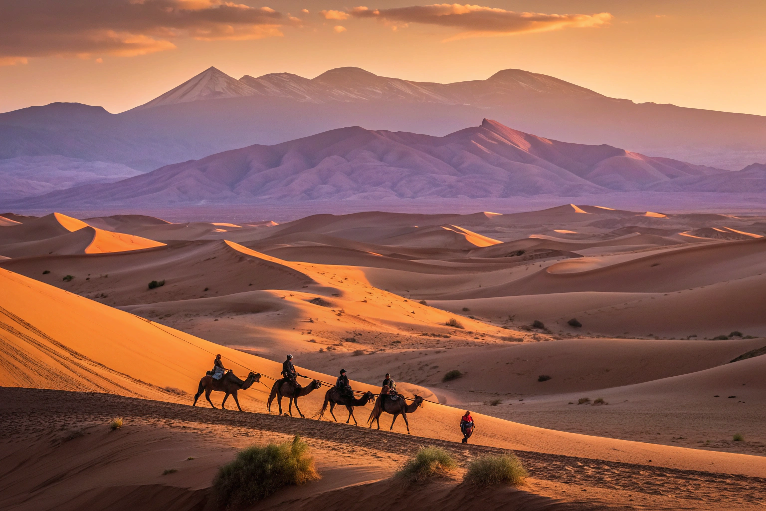 Marrakech desert tours camel caravan crossing golden Sahara dunes at sunset with Atlas Mountains backdrop