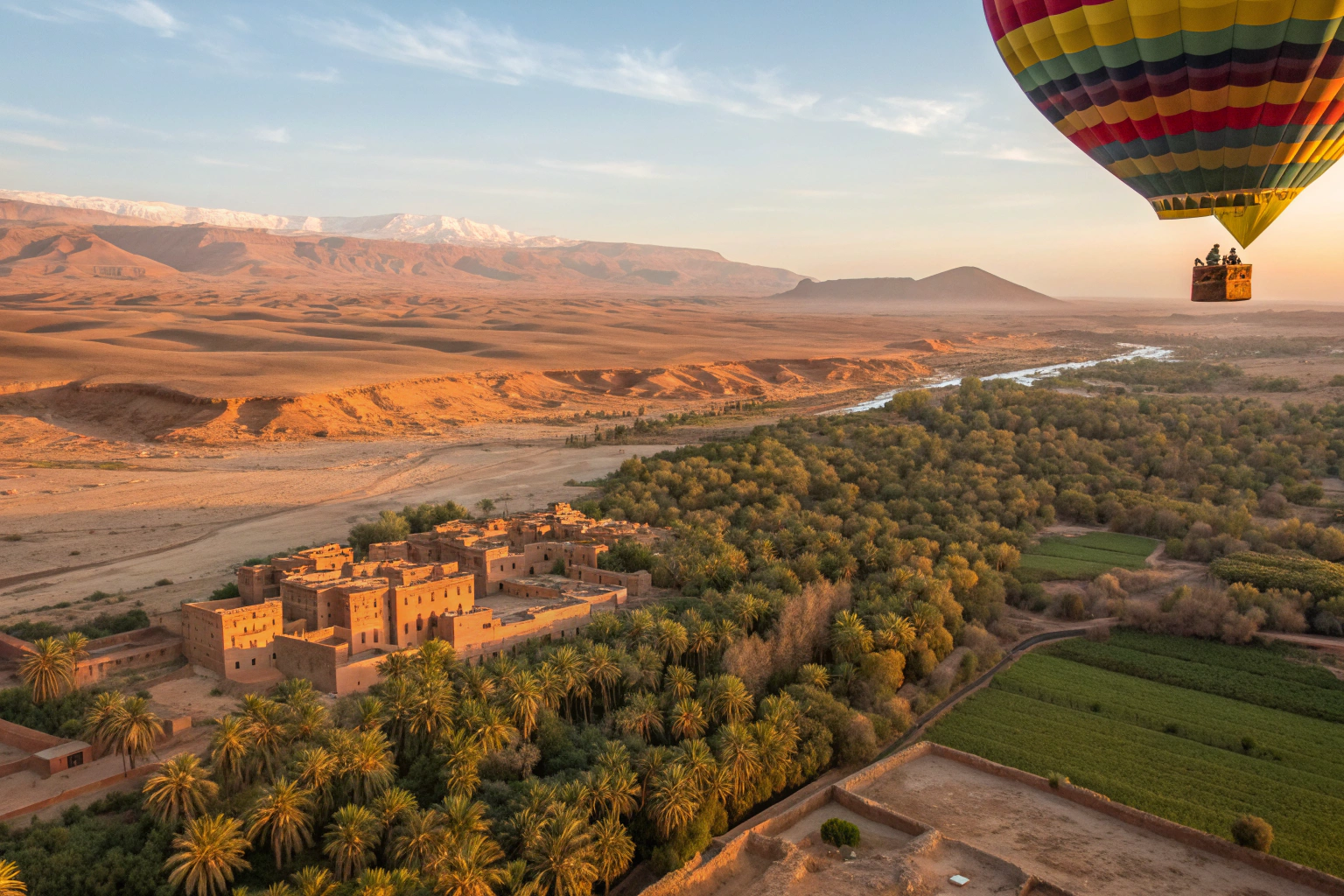 Marrakech hot air balloon ride aerial view showing desert landscape, villages, and Atlas Mountains at sunrise