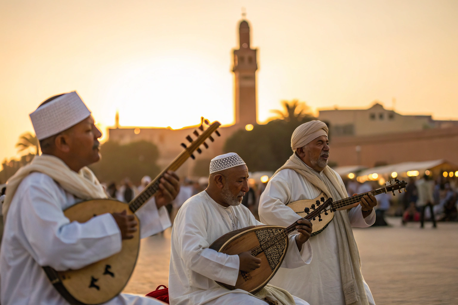 Marrakech live music Gnawa musicians performing with traditional instruments in Jemaa el-Fna square at sunset