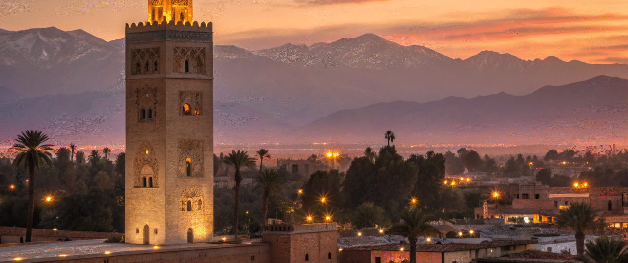Marrakech nightlife skyline at sunset with Koutoubia Mosque and illuminated city lights showcasing evening entertainment options