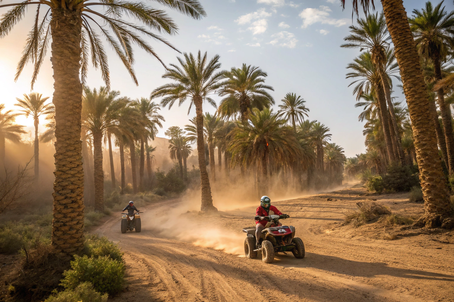 Marrakech quad biking adventure through Palmeraie palm groves with ATV riders in desert landscape