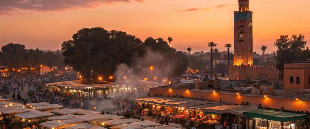 Marrakech restaurants and street food stalls in Jemaa el-Fnaa square at sunset with mint tea and traditional Moroccan cuisine