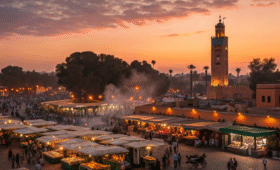 Marrakech restaurants and street food stalls in Jemaa el-Fnaa square at sunset with mint tea and traditional Moroccan cuisine