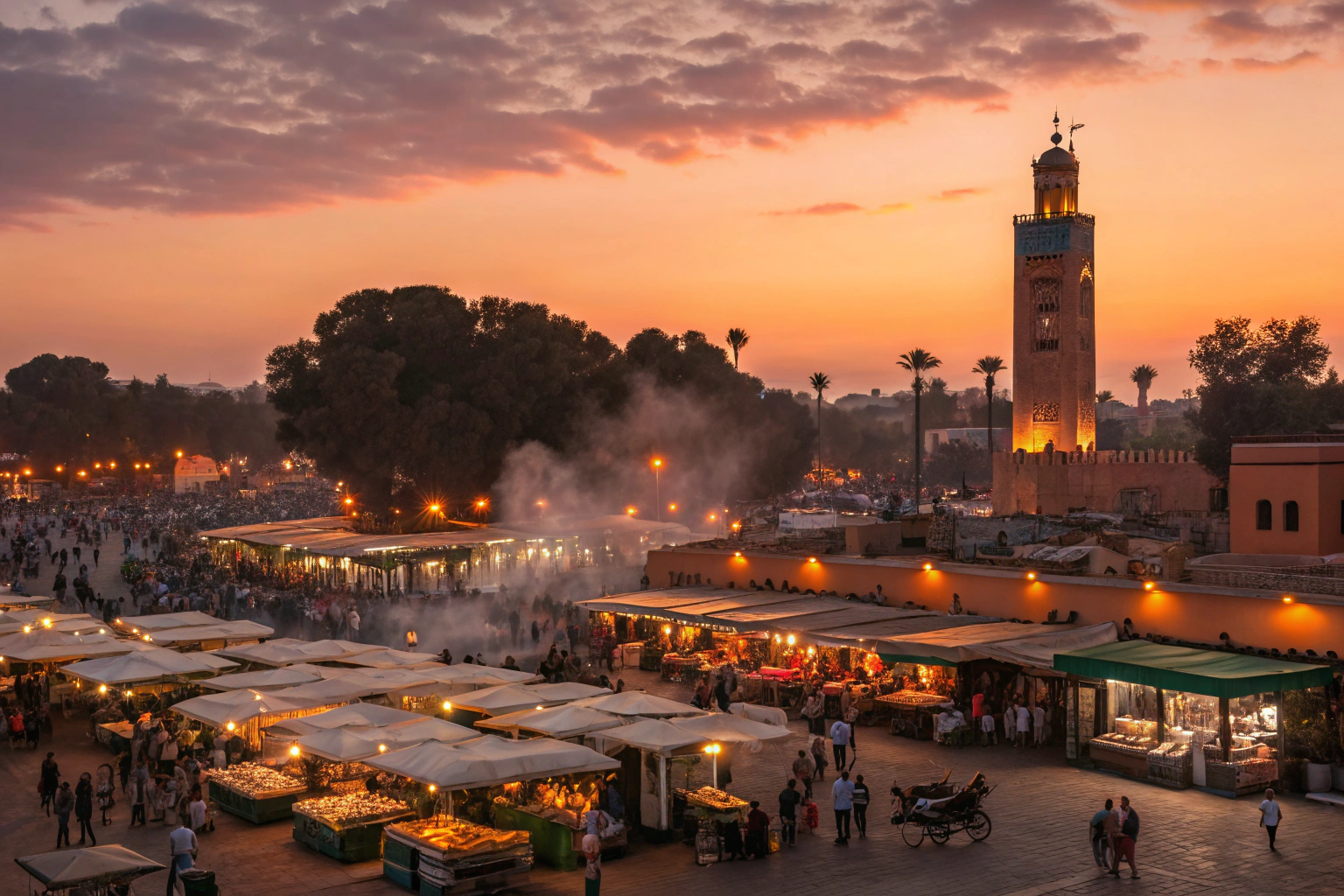 Marrakech restaurants and street food stalls in Jemaa el-Fnaa square at sunset with mint tea and traditional Moroccan cuisine