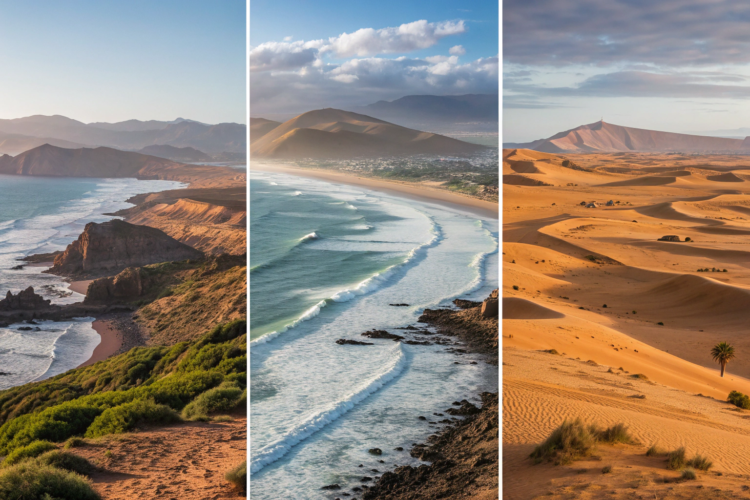 Morocco diverse landscapes comparison showing Essaouira coast, Agafay Desert, and Sahara dunes accessible from Marrakech
