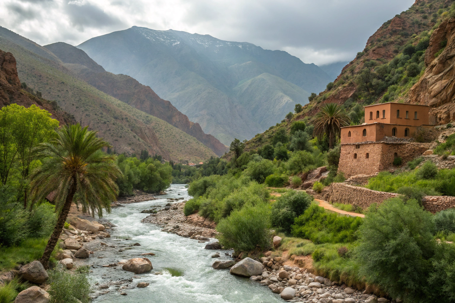 Ourika Valley Marrakech day trip showing lush green river valley with traditional Berber village and terraced gardens