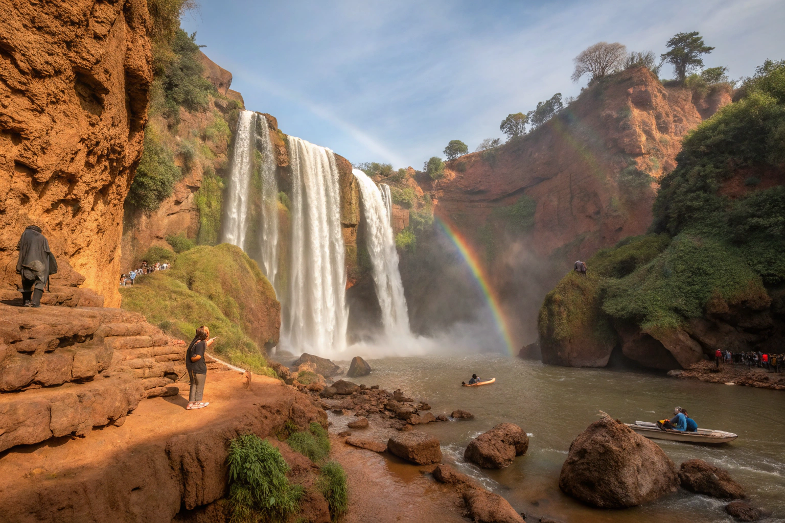 Ouzoud Falls from Marrakech showing spectacular 110-meter waterfall cascades with rainbow mist and olive groves