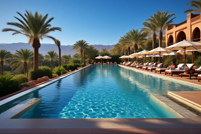 Palm-lined infinity pool at Four Seasons Marrakech showcasing luxury Marrakech hotels and family-friendly options for where to stay in Marrakech travelers