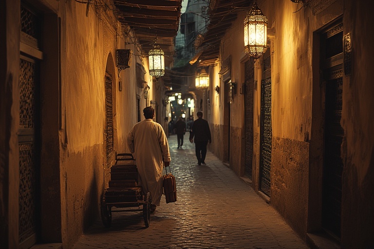 Porter guiding visitors with luggage through lantern-lit Medina alley at dusk, illustrating practical arrival tips for staying in Marrakech riads and hotels