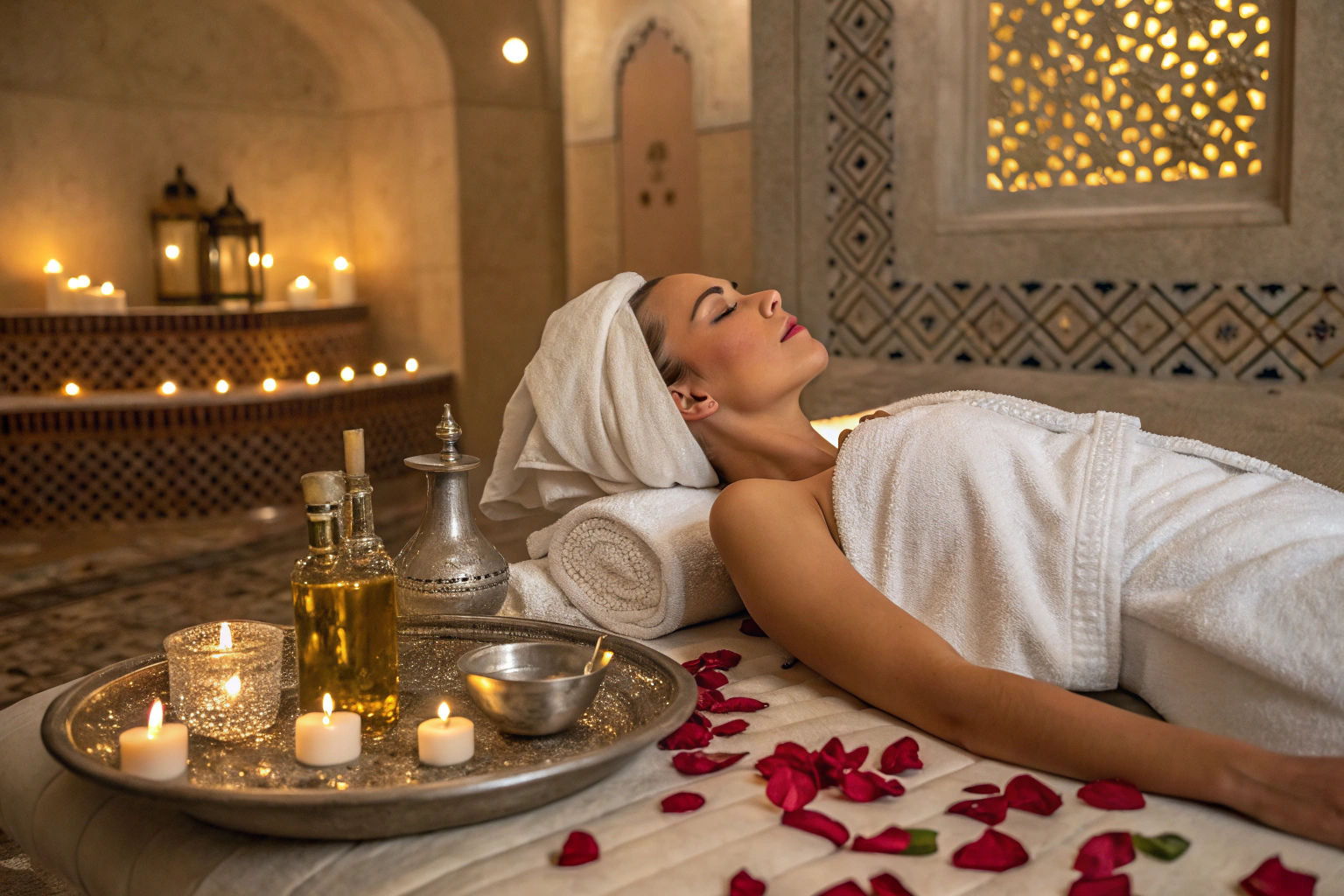 Person relaxing in a steam room at a Marrakech hammam