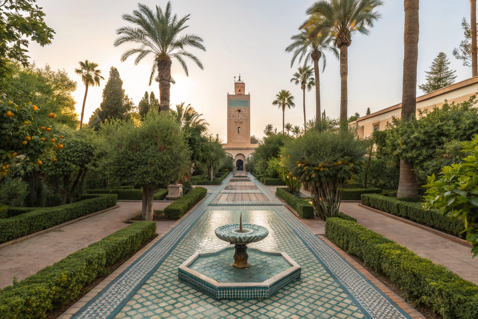 Secret Garden Marrakech with geometric paths, zellige-tiled fountain, and lush greenery framed by historic Moroccan architecture.