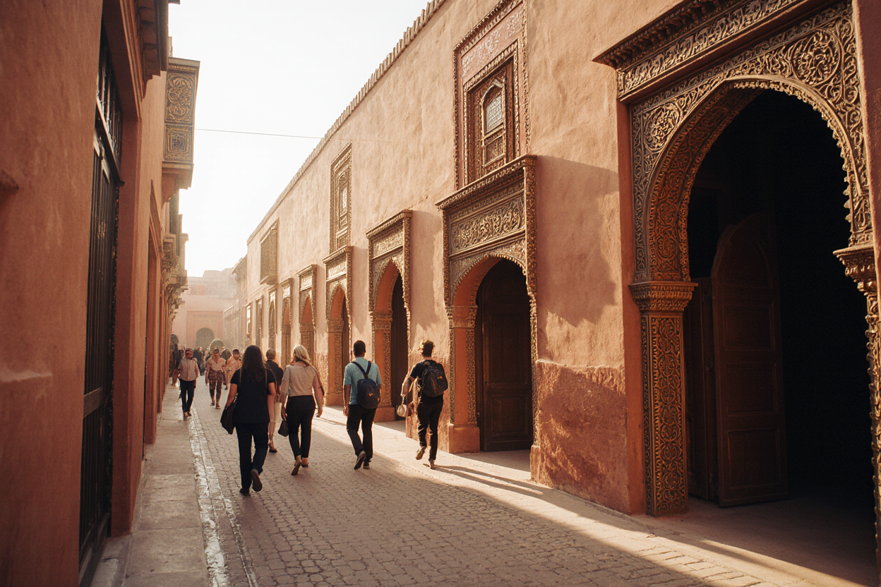 Tourists visiting Marrakech museums in the historic medina exploring cultural treasures and Moroccan heritage sites