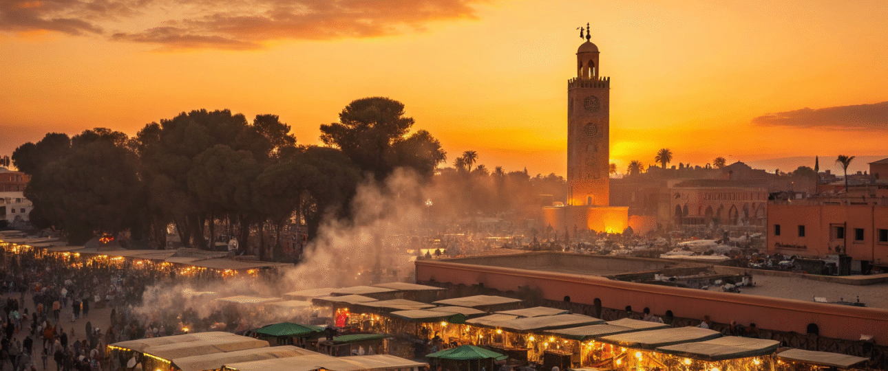 Traditional Marrakech food stalls at Djemaa el-Fna square during sunset with tagines and Moroccan cuisine
