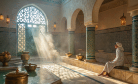 Traditional Marrakech hammam interior with steam, marble surfaces, and authentic Moroccan tilework for ultimate spa experience