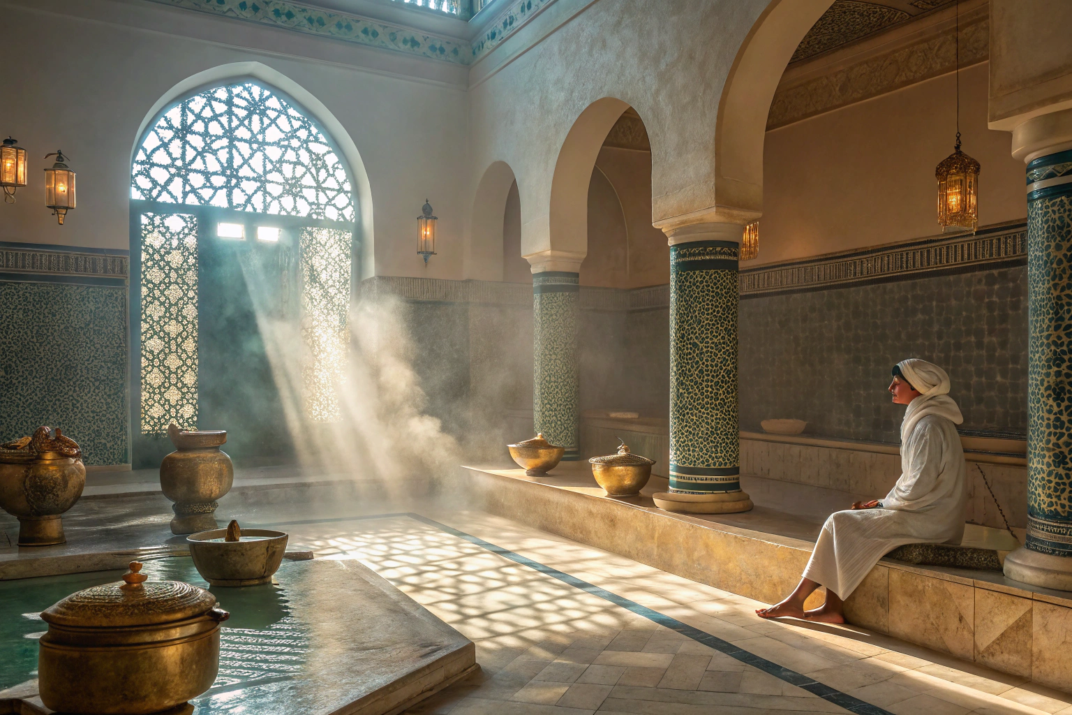 Traditional Marrakech hammam interior with steam, marble surfaces, and authentic Moroccan tilework