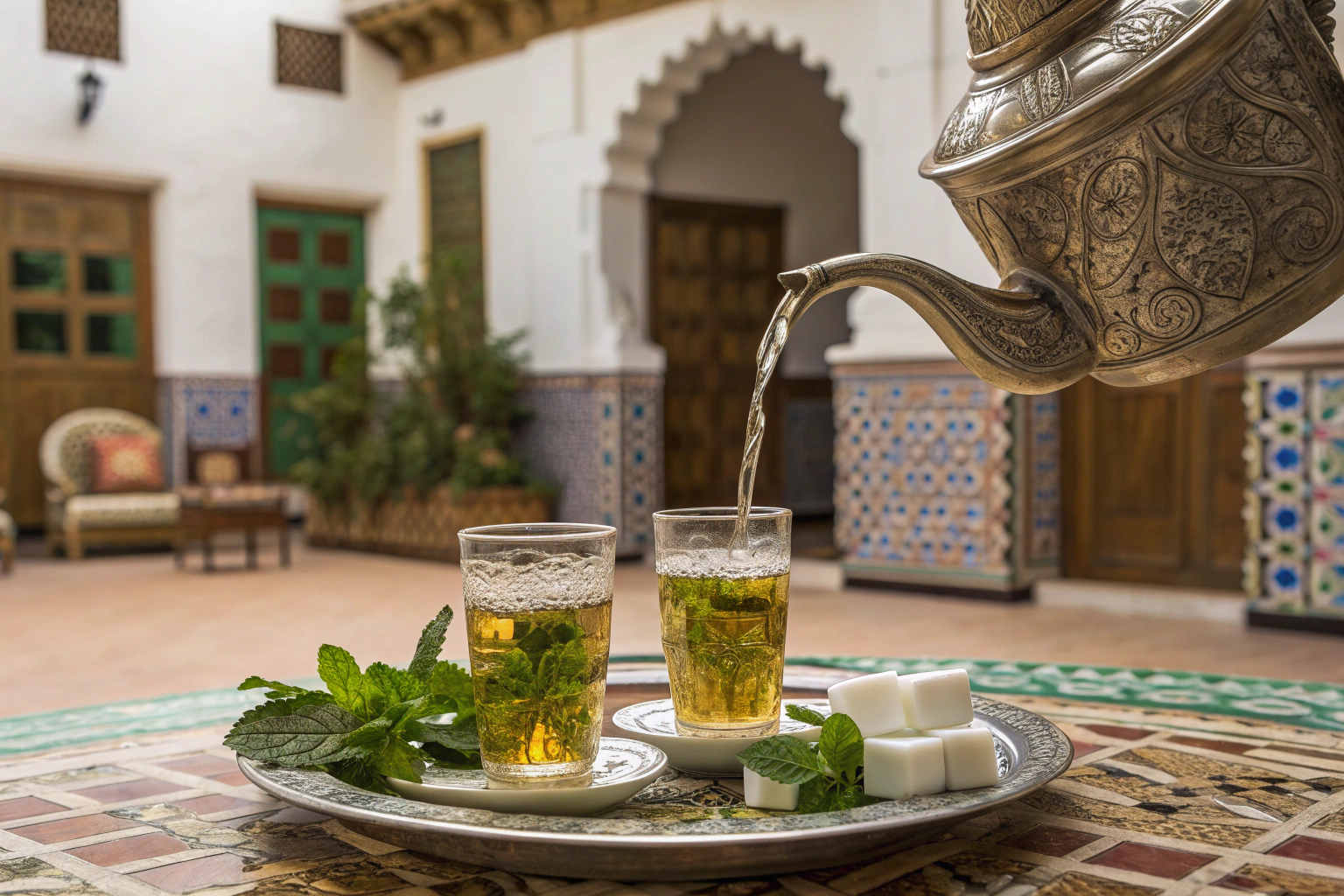 Traditional Marrakech mint tea ceremony with high pour technique in authentic Moroccan riad setting with fresh mint
