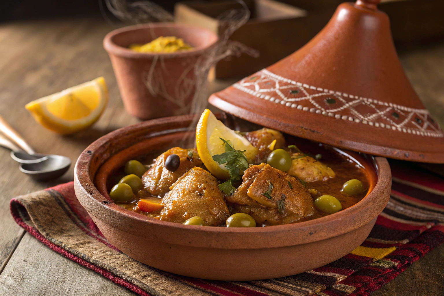 Traditional Moroccan chicken tagine with preserved lemons and olives in authentic clay pot