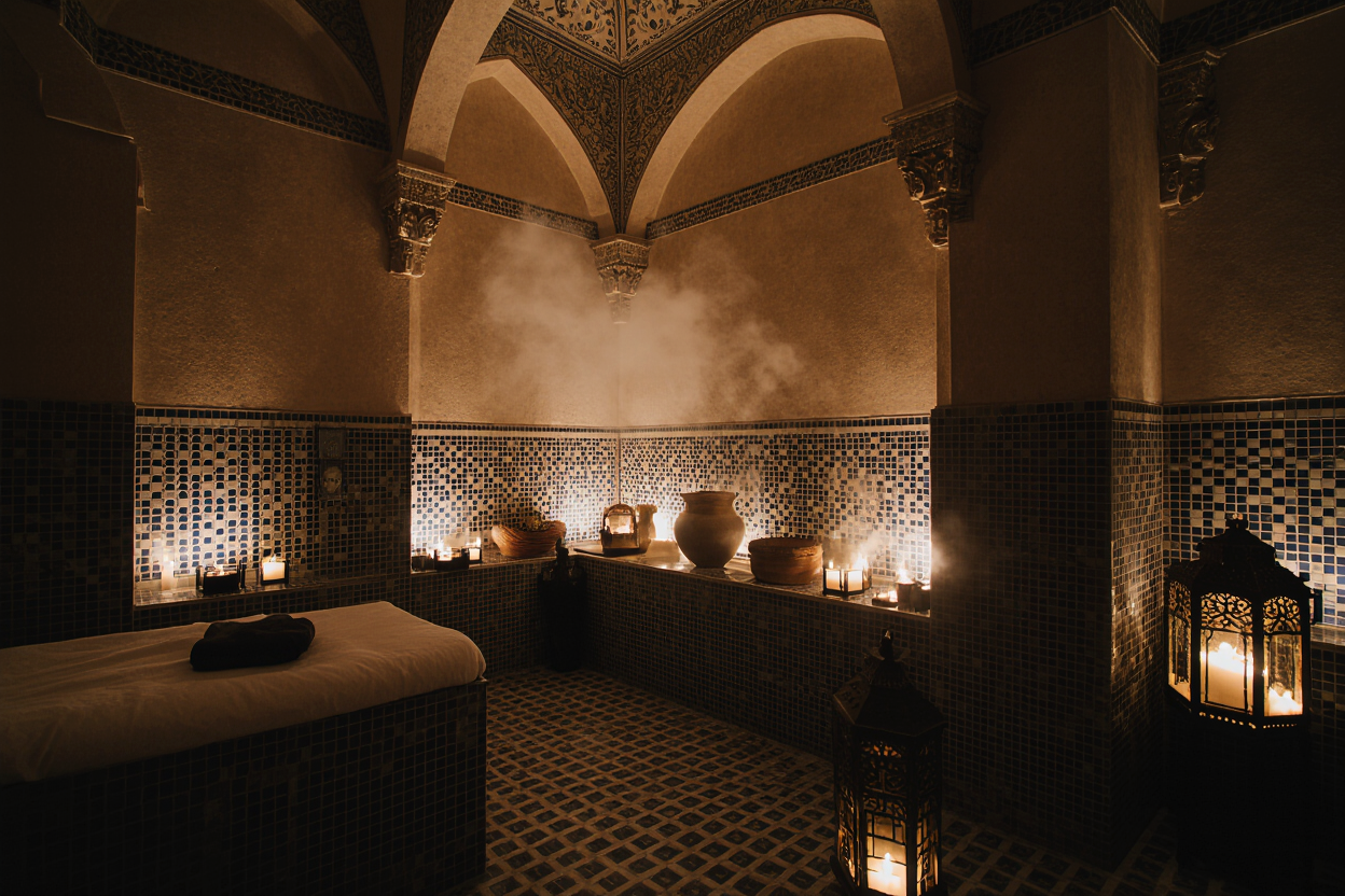 Traditional Moroccan hammam spa in luxury Marrakech Medina hotel with candlelight, steam, and authentic wellness amenities