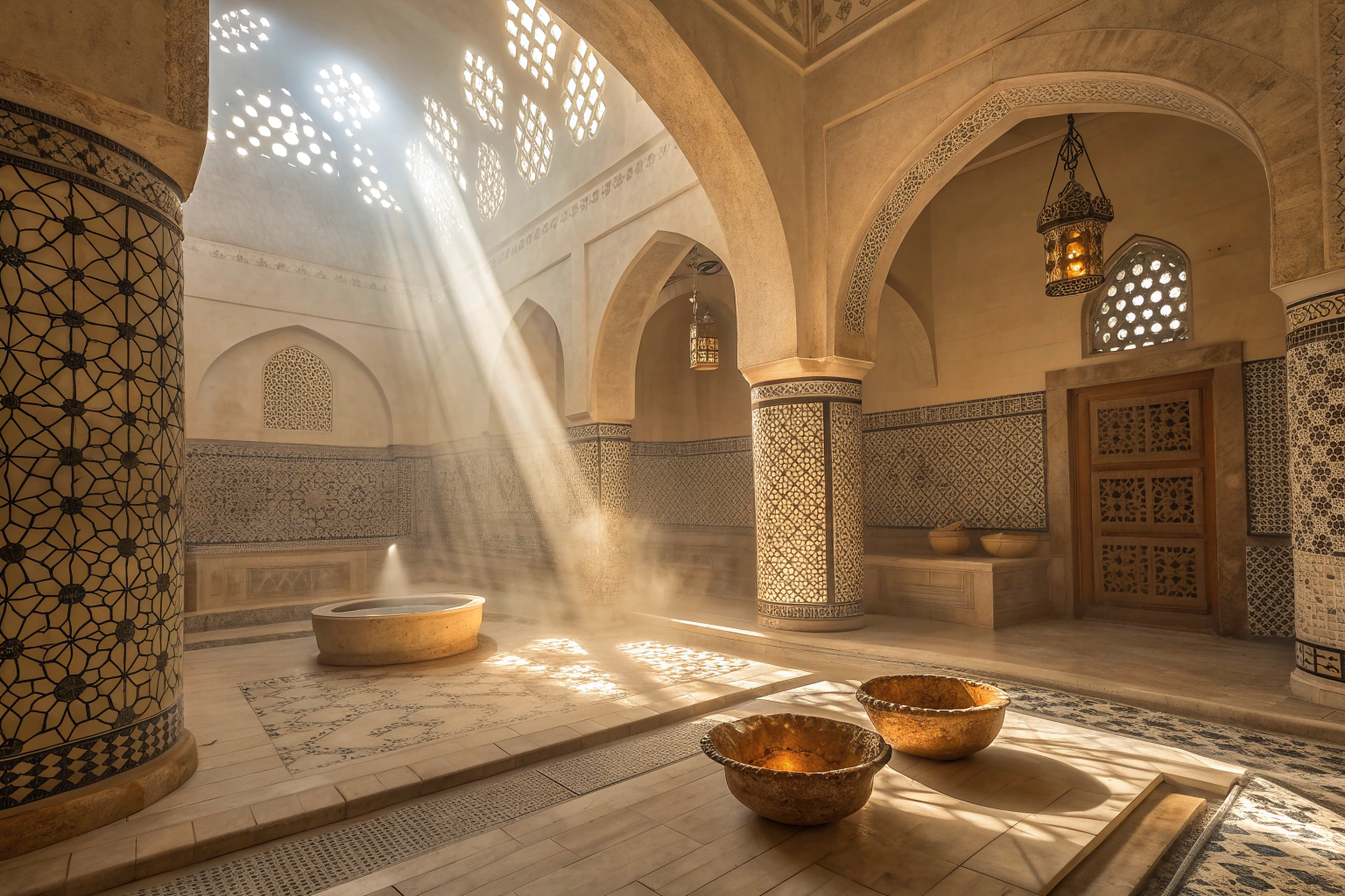 Traditional Moroccan hammam steam room with geometric tilework and authentic spa treatments in Marrakech