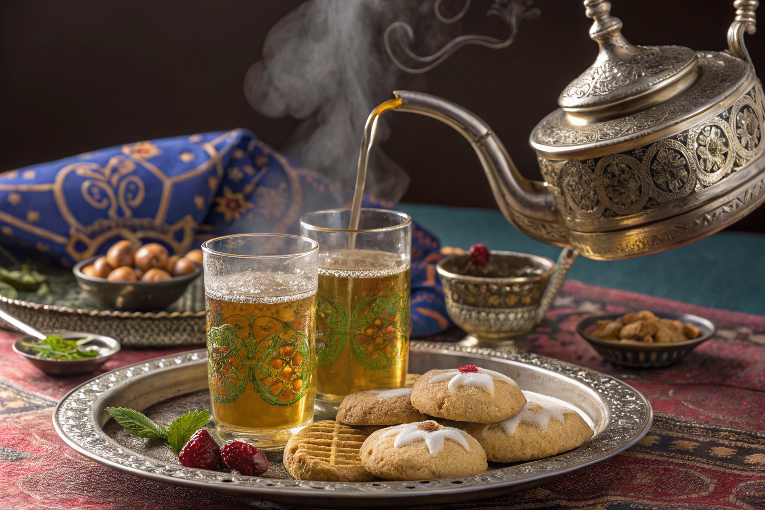 Traditional Moroccan mint tea ceremony with authentic sweets and ornate silver teapot