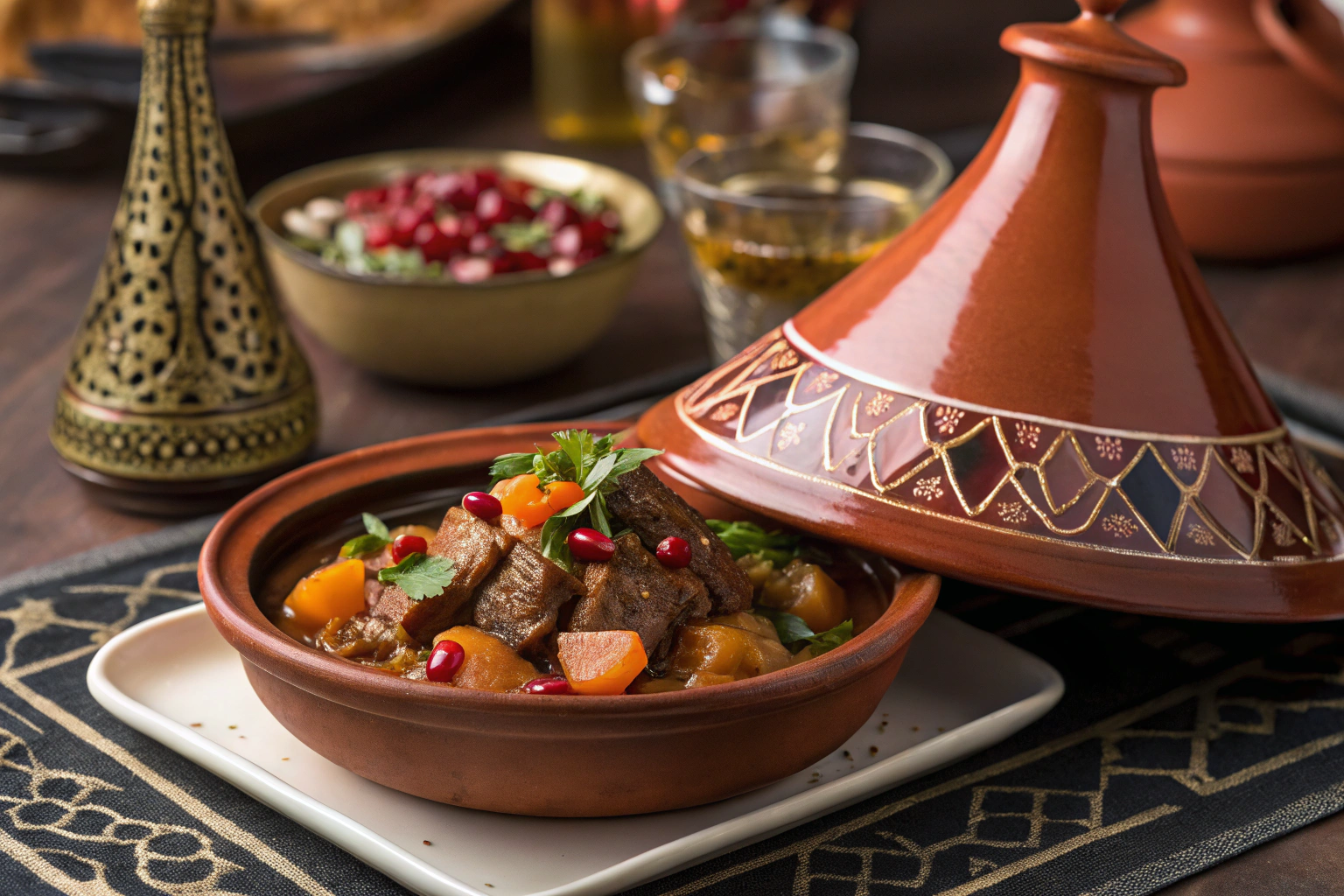 Traditional Moroccan tagine with lamb and apricots served at elegant Marrakech restaurant with authentic table setting