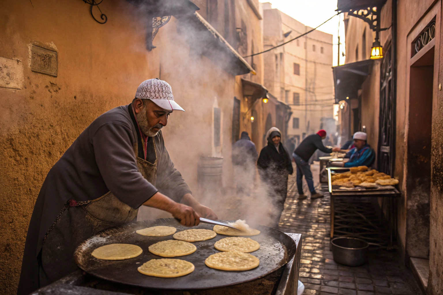 Traditional msemen pancakes being prepared by street food vendor in Marrakech medina with authentic cooking techniques