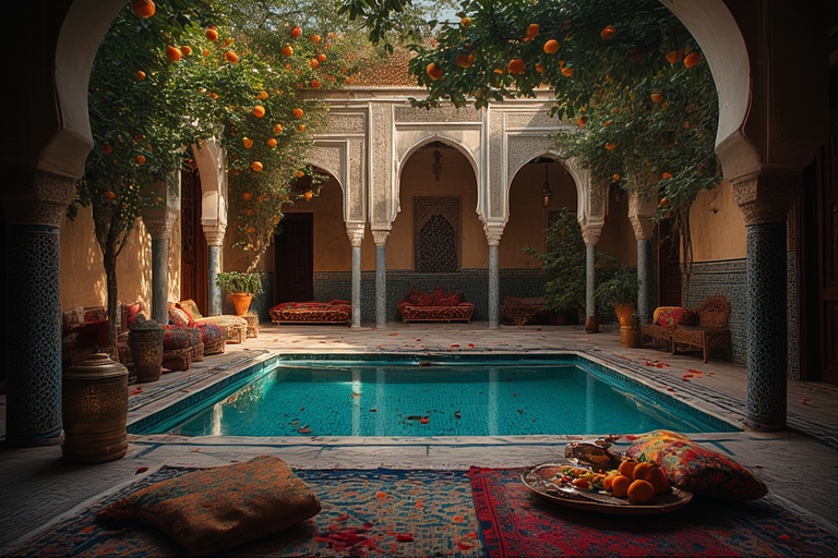 Tranquil riad courtyard inside Marrakech hotels Medina, mosaic pool and traditional breakfast evoking authentic Moroccan luxury stay vibes