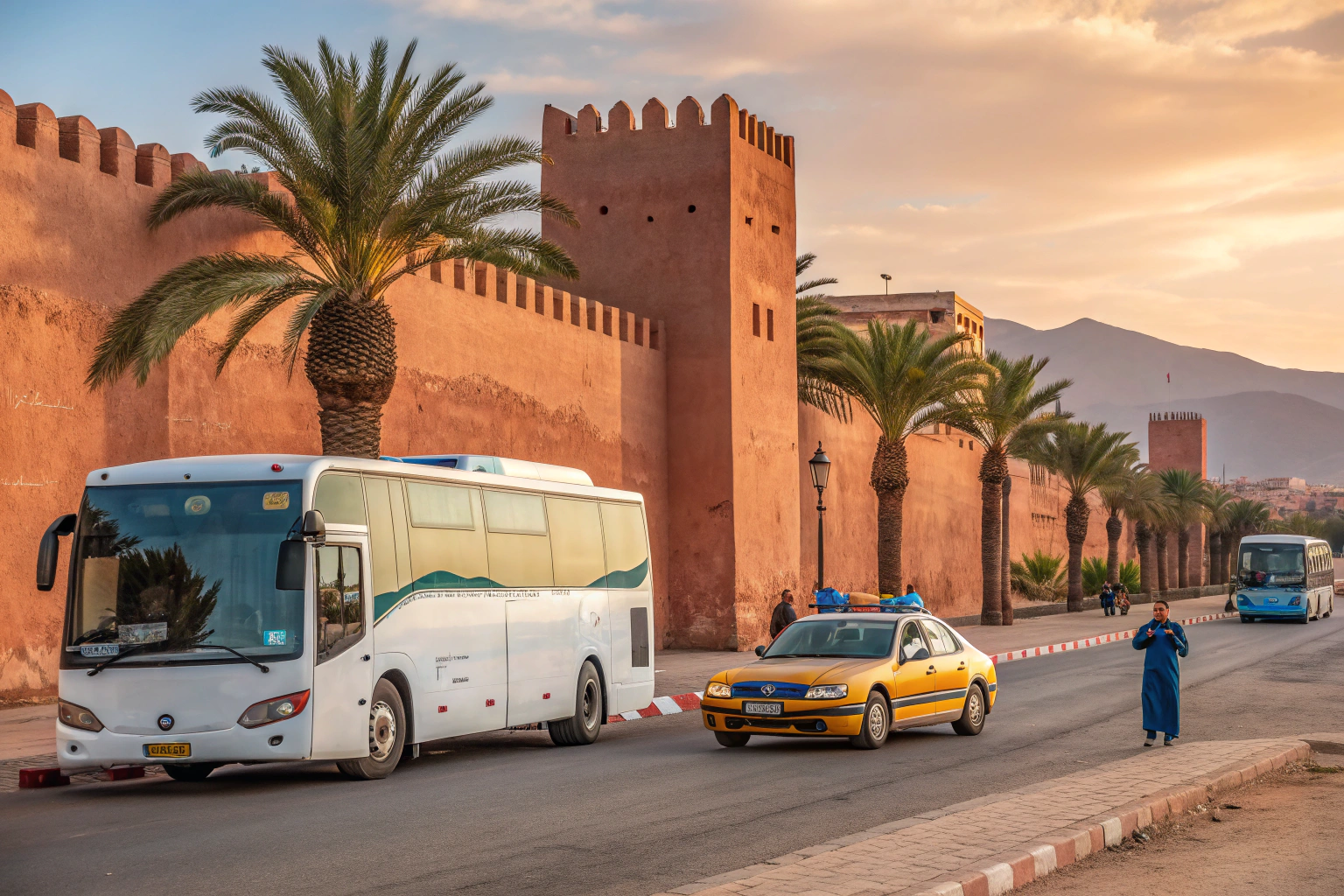 Transportation options for Essaouira day trip from Marrakech including tour bus, taxi and rental car with Atlas Mountains backdrop