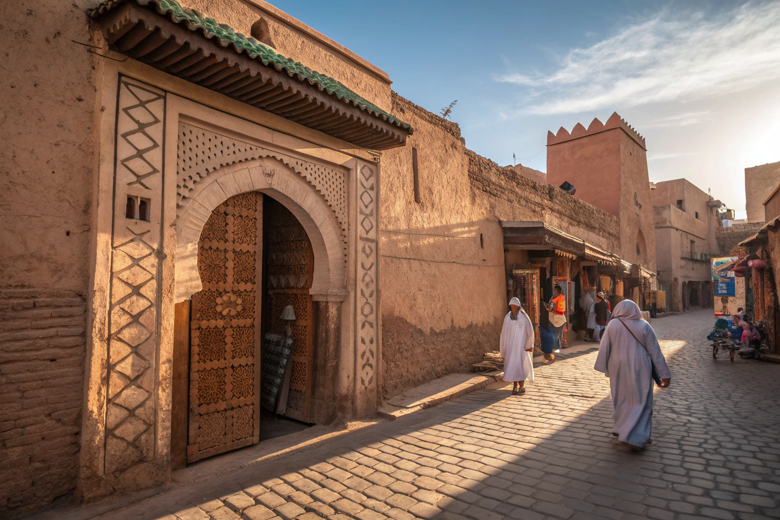 Traditional entrance to a Marrakech hammam with ornate tilework and arched doorway