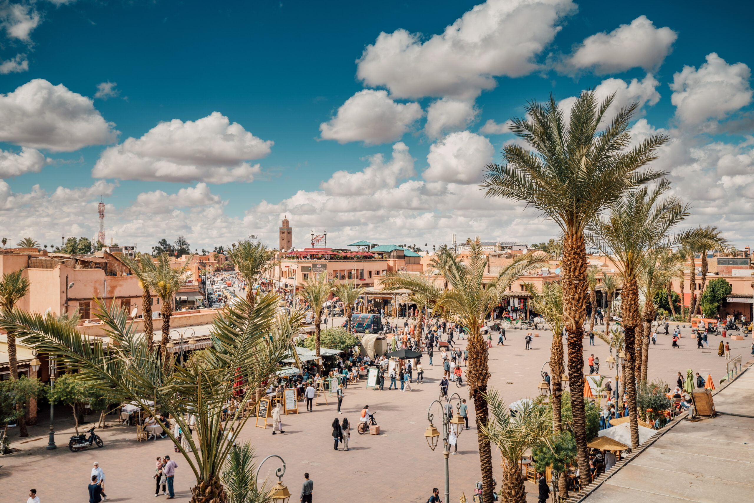 Marrakech Medina aerial view showing historic souks, palaces, and winding streets of the UNESCO World Heritage site