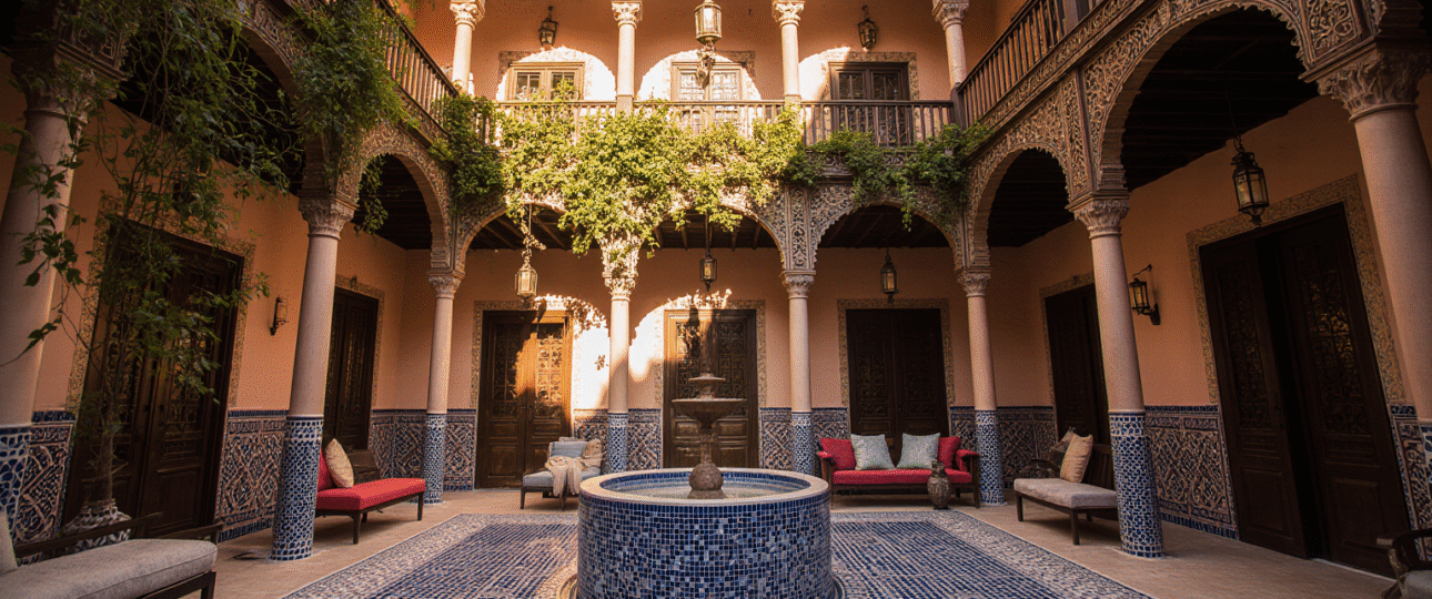 Affordable riad courtyard in Marrakech with traditional fountain and Moroccan architecture at sunset