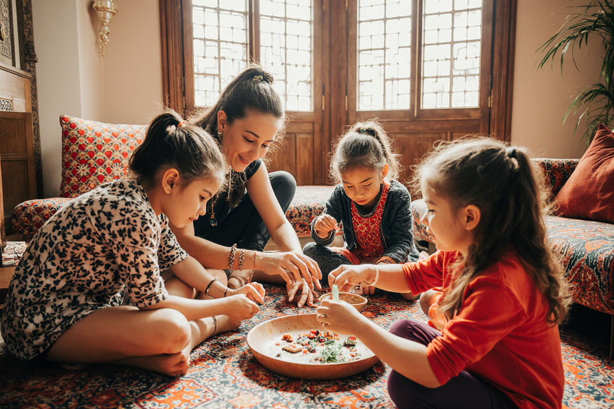 Luxurious family suite interior at Marrakech riad hotel with traditional Moroccan décor and children's amenities