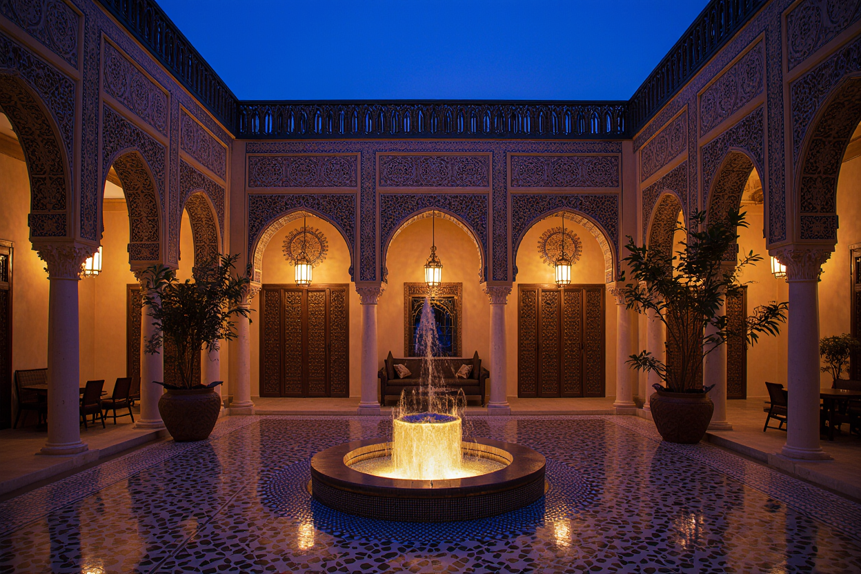 Traditional Marrakech riad hotel courtyard with fountain, Islamic architecture and evening lantern lighting for families