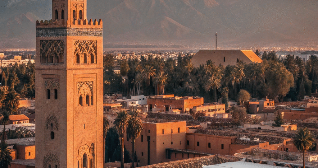 Aerial view of Marrakech Morocco with Koutoubia Mosque and Atlas Mountains showing the city's geographical location in central Morocco , where is marrakech