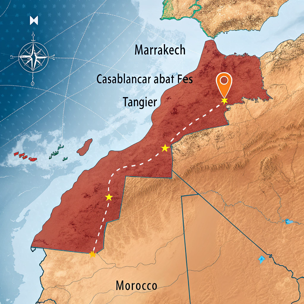 Morocco map showing where Marrakech is located in central Morocco with distances to major cities like Casablanca, Rabat, and Fes