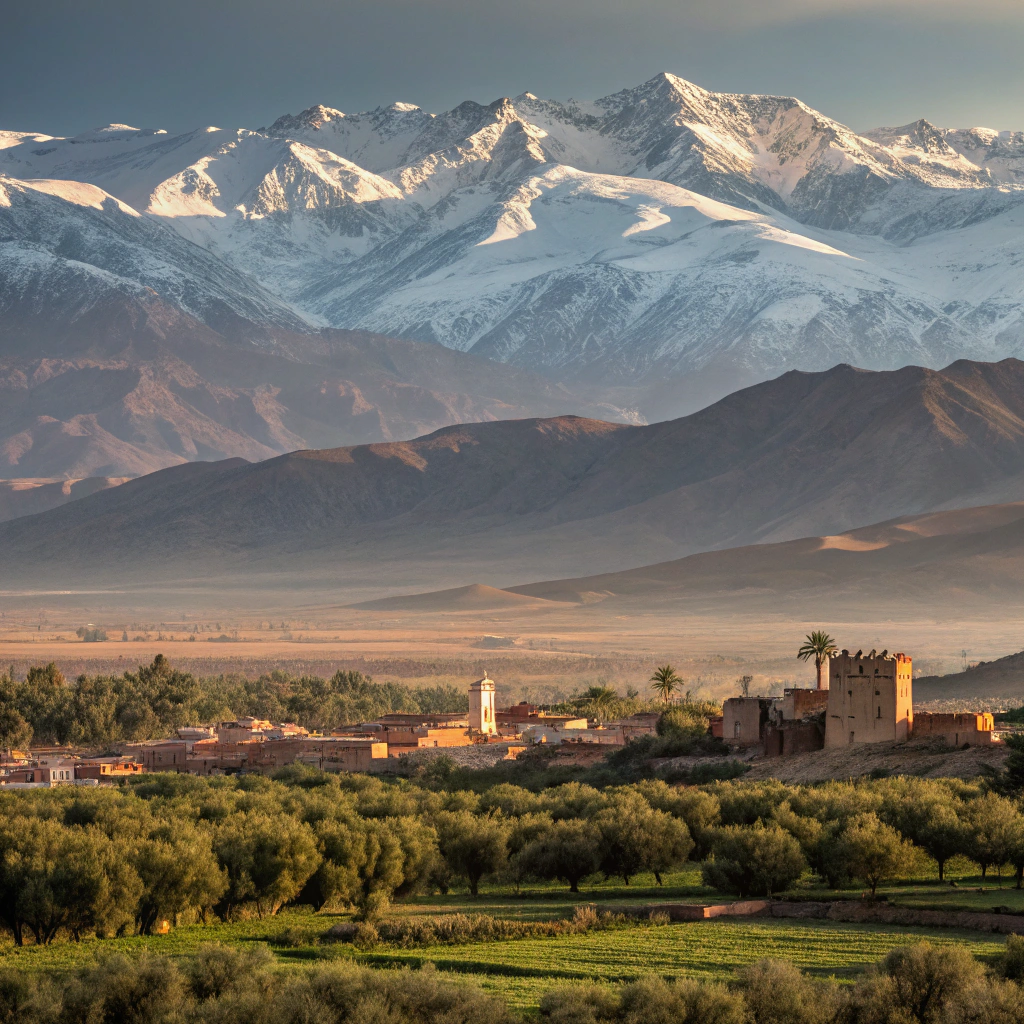 View of Atlas Mountains from Marrakech showing the proximity of the mountain range approximately 65 kilometers from Morocco's imperial city