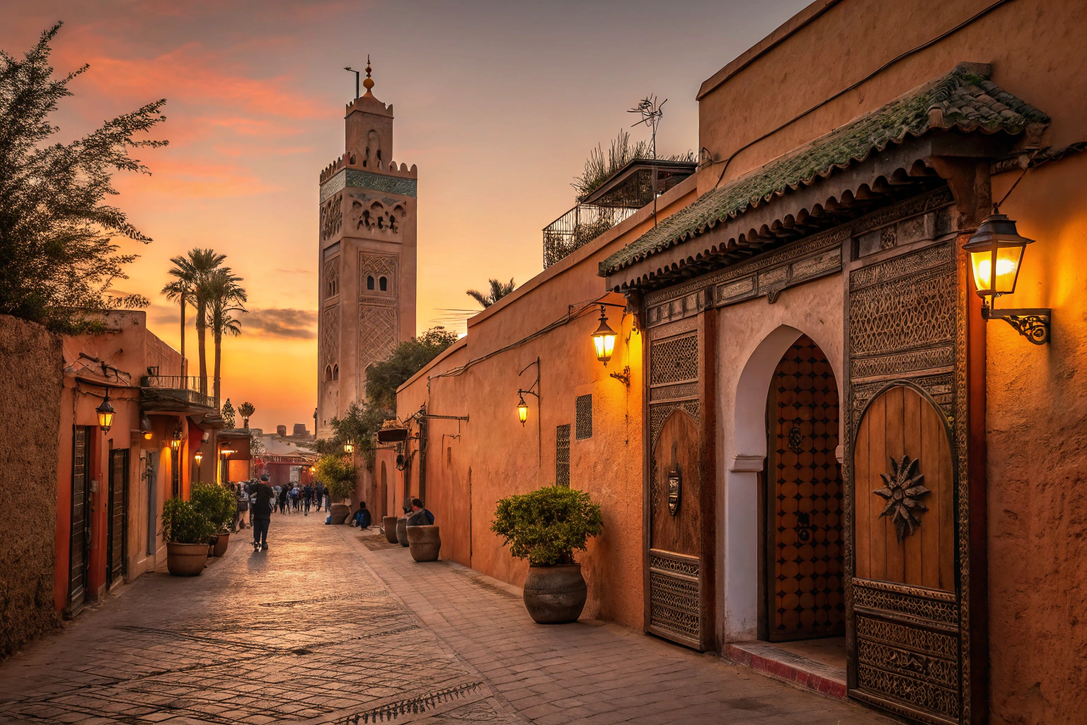 A narrow alleyway in a city, with a tall building and a large tower in the background, where to stay in Marrakech