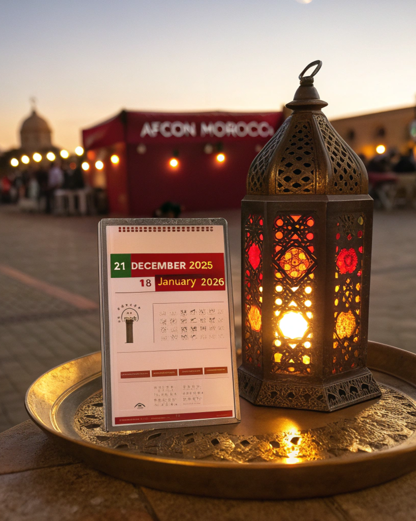 Illuminated schedule highlighting AFCON Morocco dates from December 2025 to January 2026, key event timeline