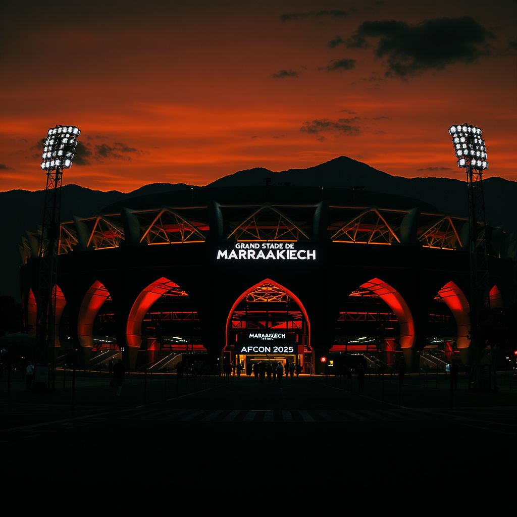Grand Stade de Marrakech illuminated for Marrakech AFCON 2025 games, nestled against the Atlas Mountains, offering a stunning venue for group-stage and round-of-16 matches, perfect for soccer fans exploring Morocco's premier tournament