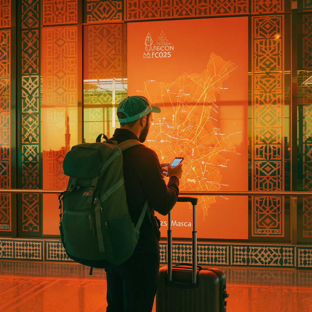 Traveler planning at Mohammed V Airport for Casablanca AFCON 2025 trip, essential tips for visas, transport, and local etiquette to ensure a smooth visit to Morocco's exciting football host city.