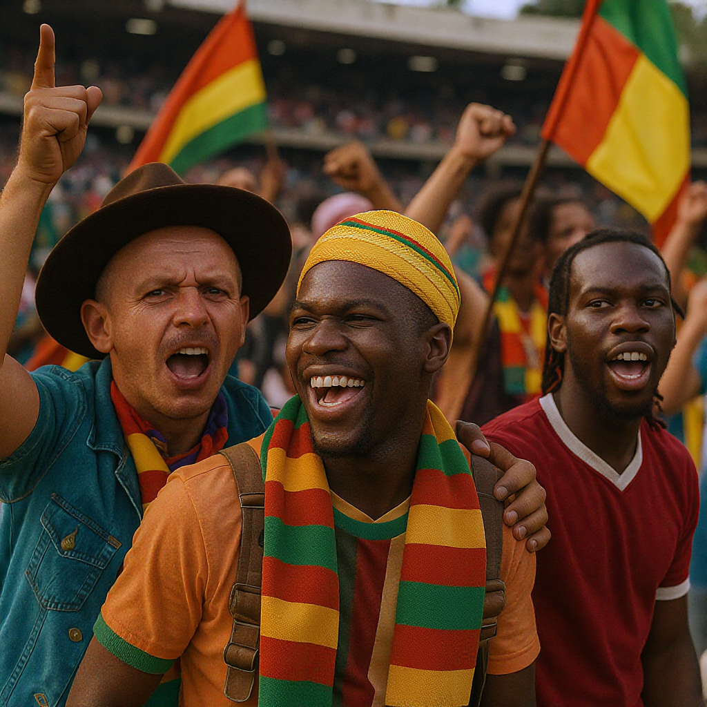 Fans celebrating Marrakech AFCON 2025 in Jemaa el-Fna square, blending soccer excitement with Moroccan souks and culture, a must-see spot for visitors attending the Grand Stade matches in December 2025 to January 2026