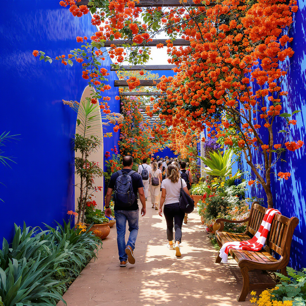 Majorelle Garden in Marrakech during Marrakech AFCON 2025, a serene escape with blue architecture and Atlas views, ideal for travelers combining soccer at the stadium with cultural sightseeing and local experiences
