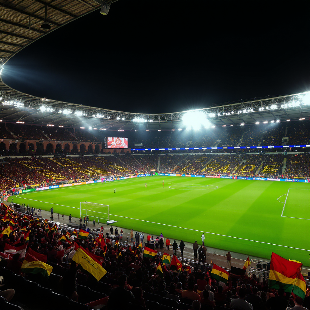 Nighttime view of Stade Mohammed V hosting Casablanca AFCON 2025 matches, fans cheering under bright lights, a historic venue blending modern upgrades and football passion in Morocco's coastal city.