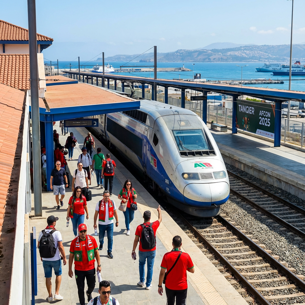 Al Boraq high-speed train at Tangier station, facilitating smooth travel for Tangier AFCON 2025 visitors, connecting to Tanger Med port and enhancing Morocco's tourism boom during the 2025 Africa Cup of Nations.